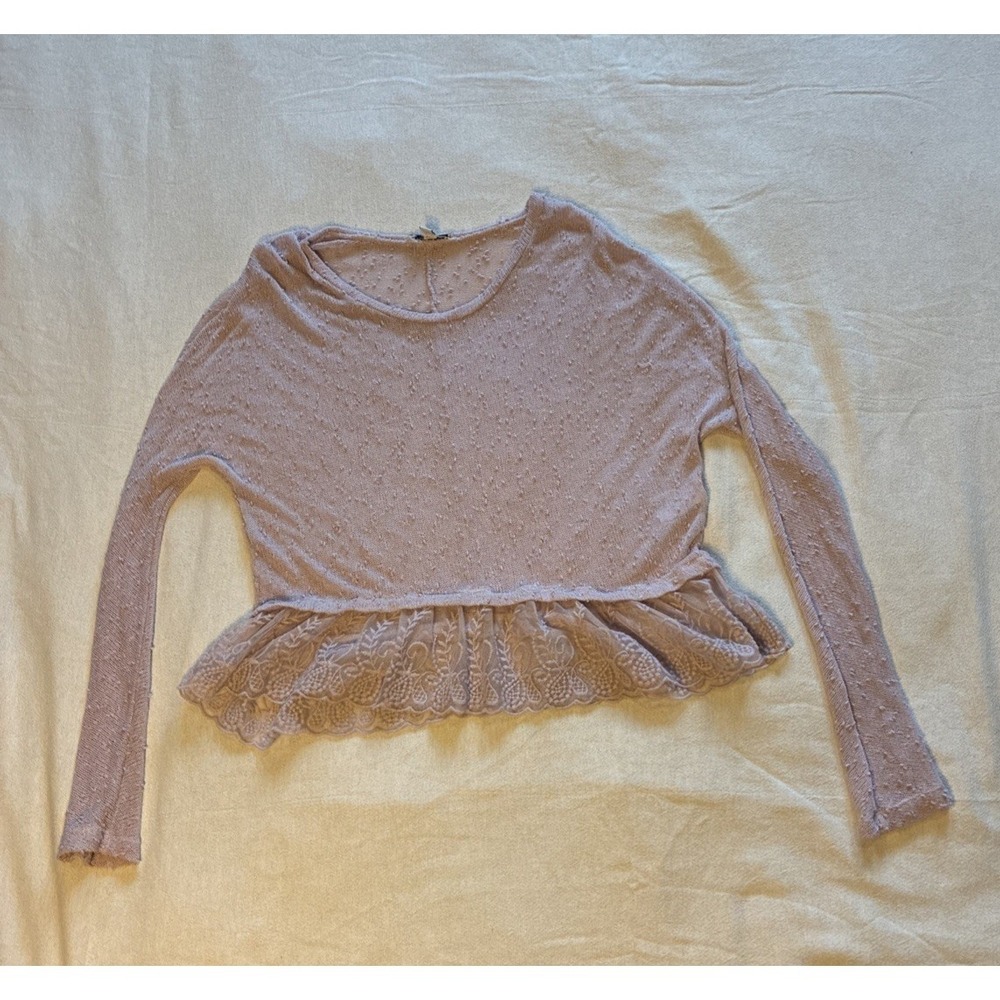 AE Women's Top Sweater Large Lilac Textured Lace Peplum Ruffle Sheer Lace Hem